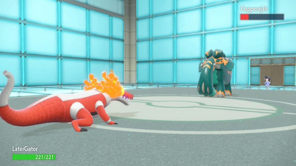 Pokemon Scarlet Elite Four Poppy and Copperajah in battle