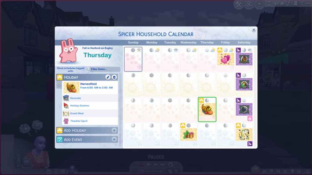 The Sims 4 Seasons EP added customizable holidays.