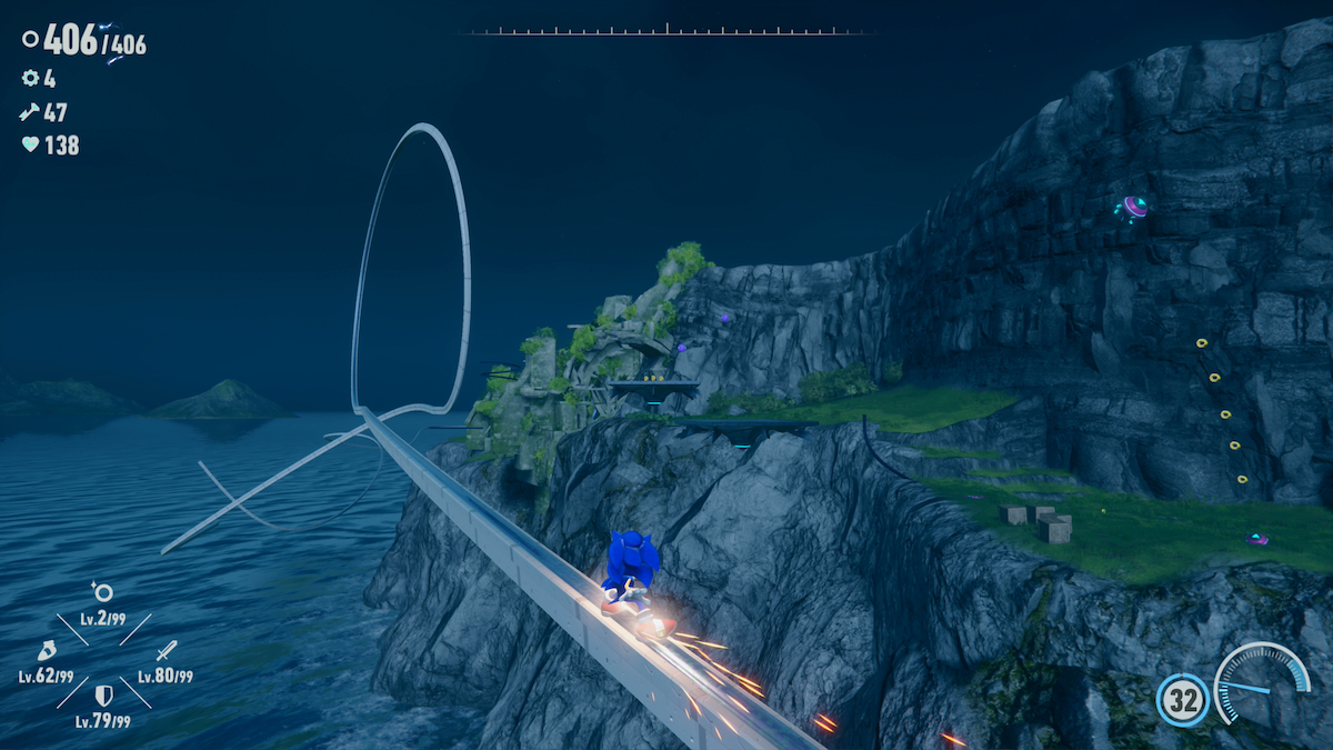 Sonic grinding down a rail in Sonic Frontiers.