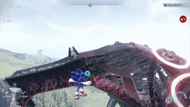 Sonic approaching a chaos emerald vault mid-air while fighting Giganto.