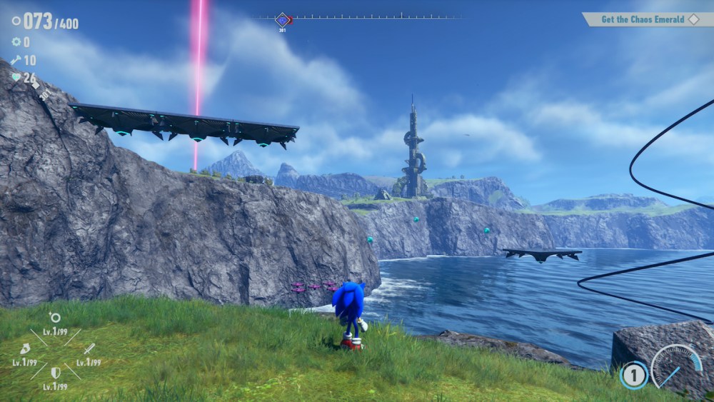 Sonic looks across a lake in the open world of Sonic Frontiers.
