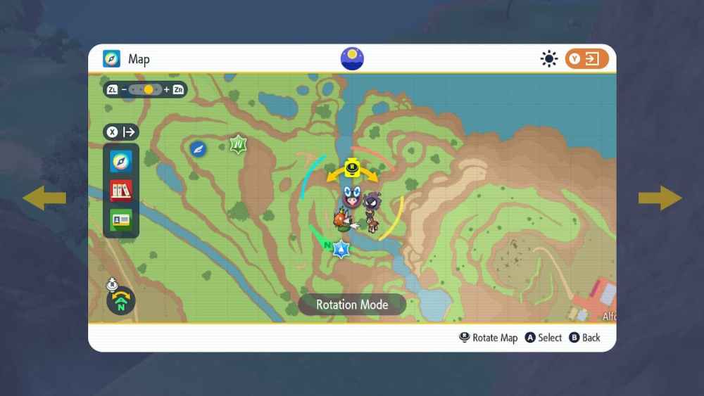 A map leading to a yellow stake next to a waterfall in Pokemon Scarlet and Violet.