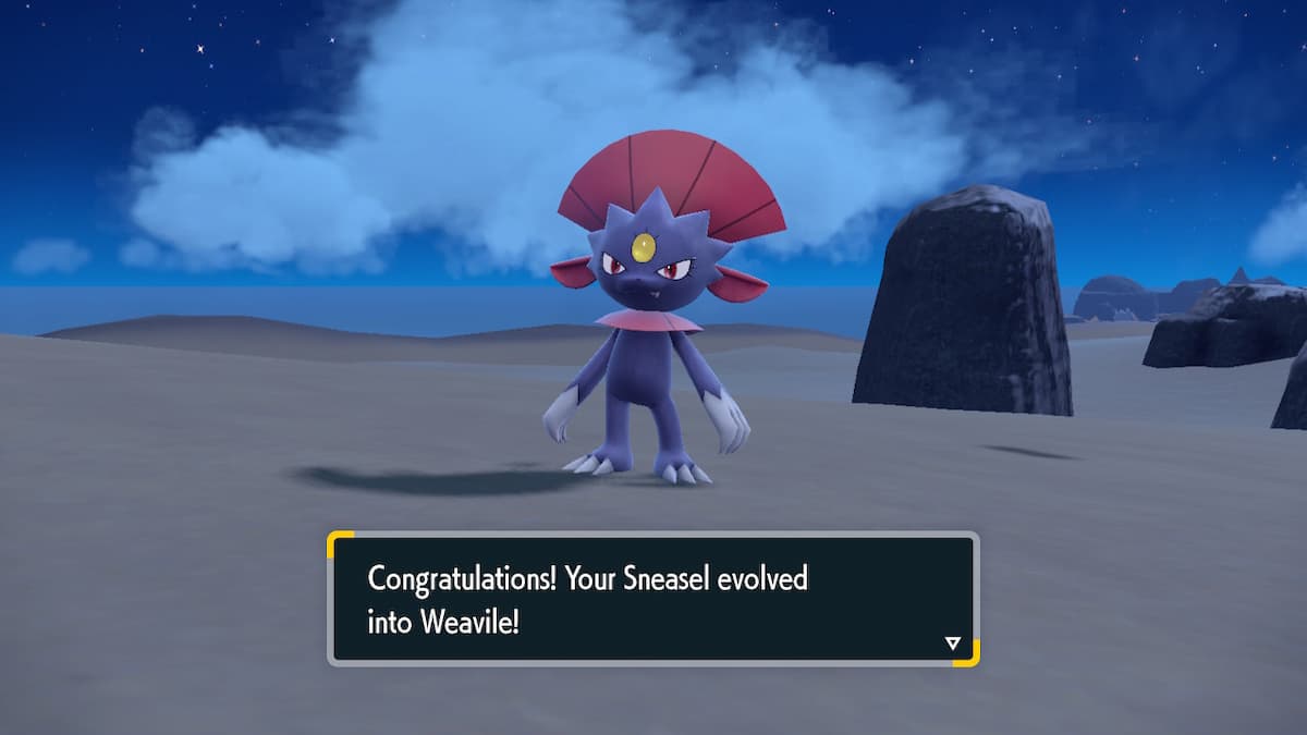 A newly evolved Weavile in Pokemon Scarlet and Violet.