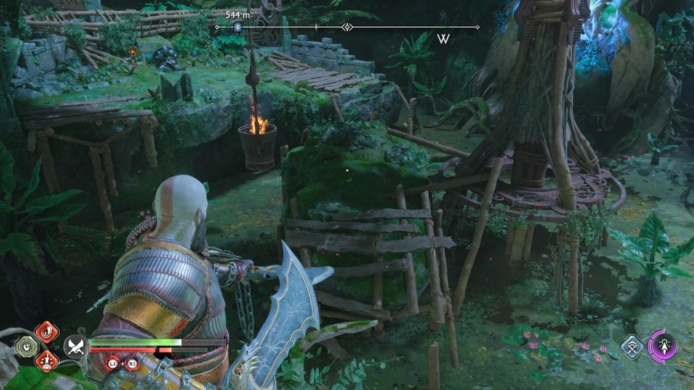 Burn the bramble to free the fire bucket at the abandoned village bridge in god of war ragnarok