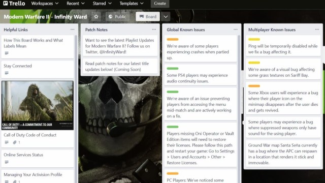 Various Sections of Modern Warfare 2's Trello Board