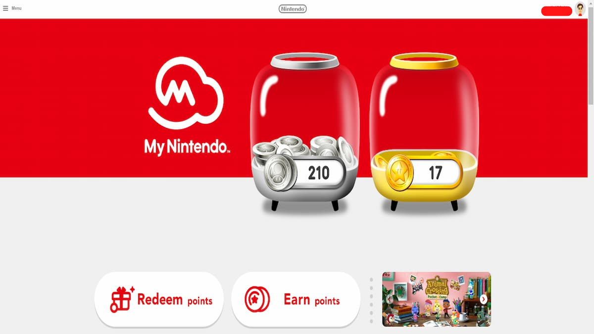 The My Nintendo Rewards homepage