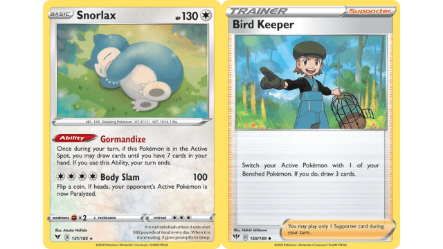Bird Keeper and Snorlax from the Pokemon TCG