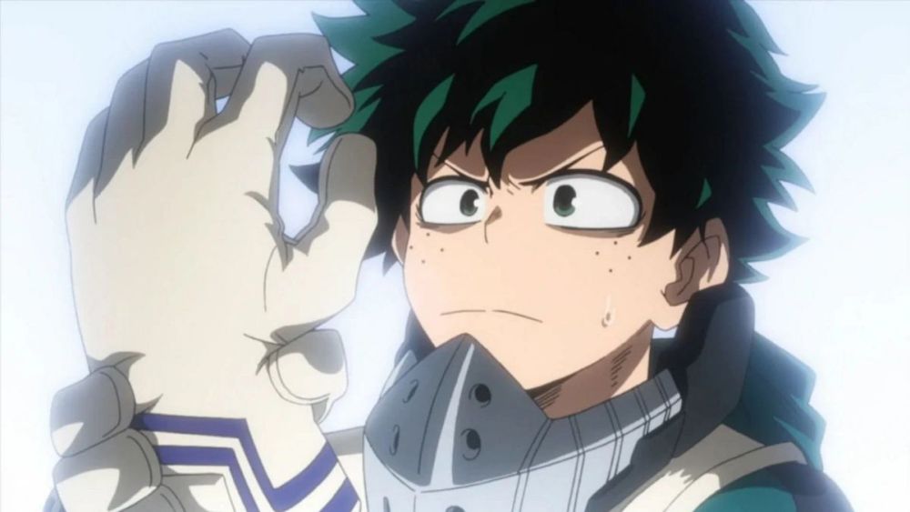 Deku with a serious, concentrated look on his face