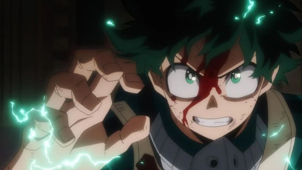 Deku in the middle of a fight in My Hero Academia