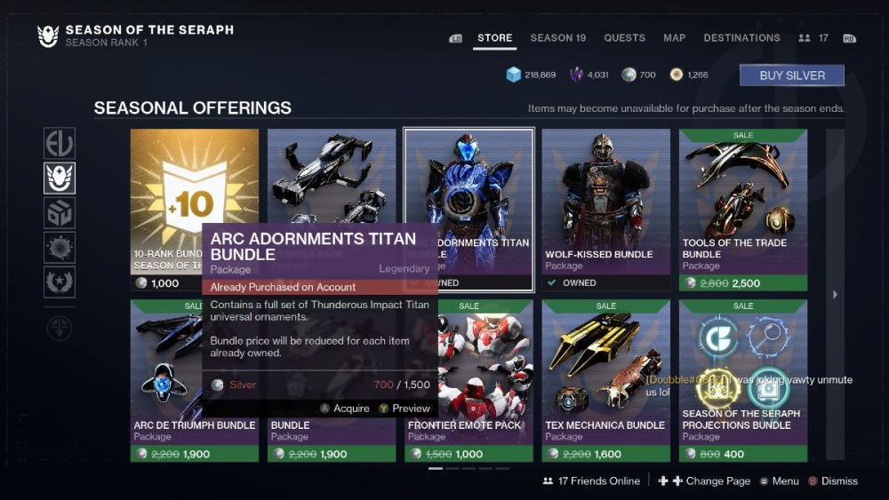 Destiny 2 Eververse Store layout with Arc 3.0 armor