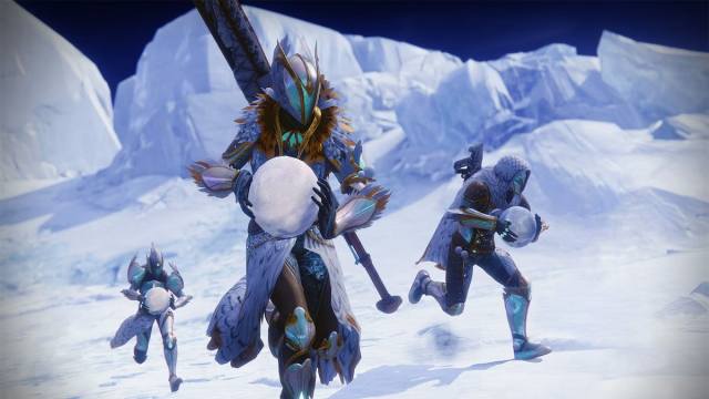 Three guardians with snowballs in Destiny 2's 2023 Dawning event