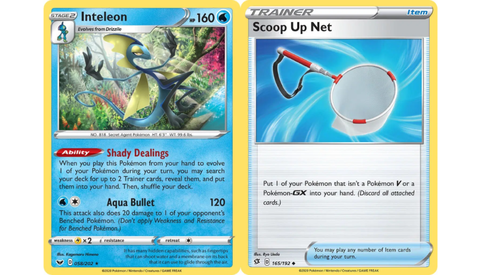 Inteleon and Scoop Up Net from the Pokemon TCG.