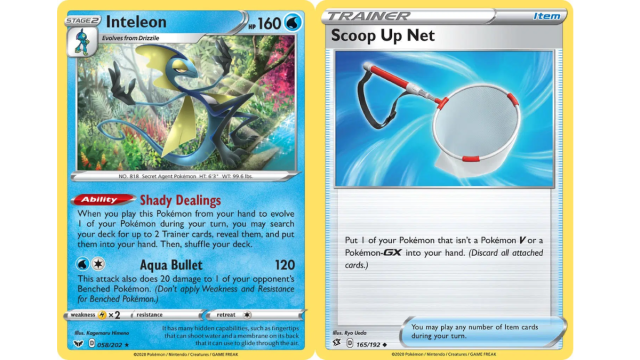 Inteleon and Scoop Up Net from the Pokemon TCG.