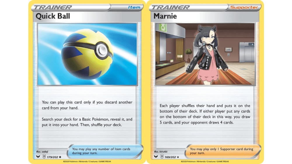 Quick Ball and Marnie from the Pokemon TCG