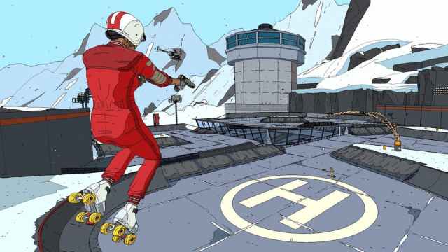 Rollerdrome protagonist shooting weapons while rollerblading