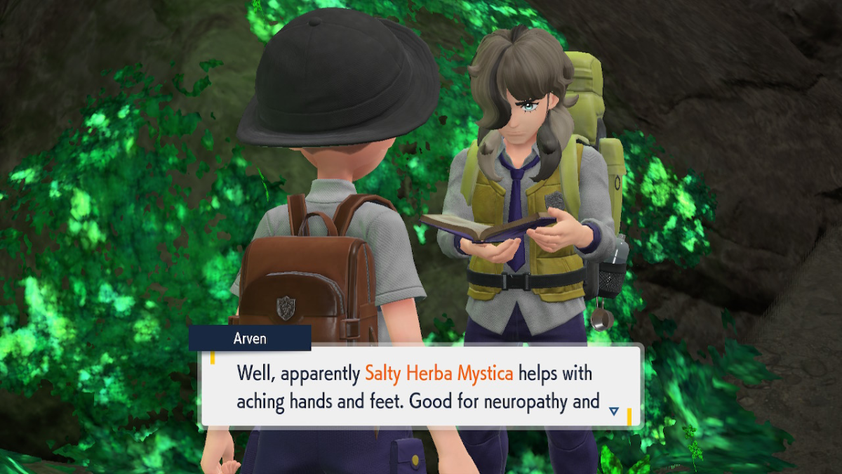 Arven reads about Salty Herba Mystica in Pokemon Scarlet and Violet.