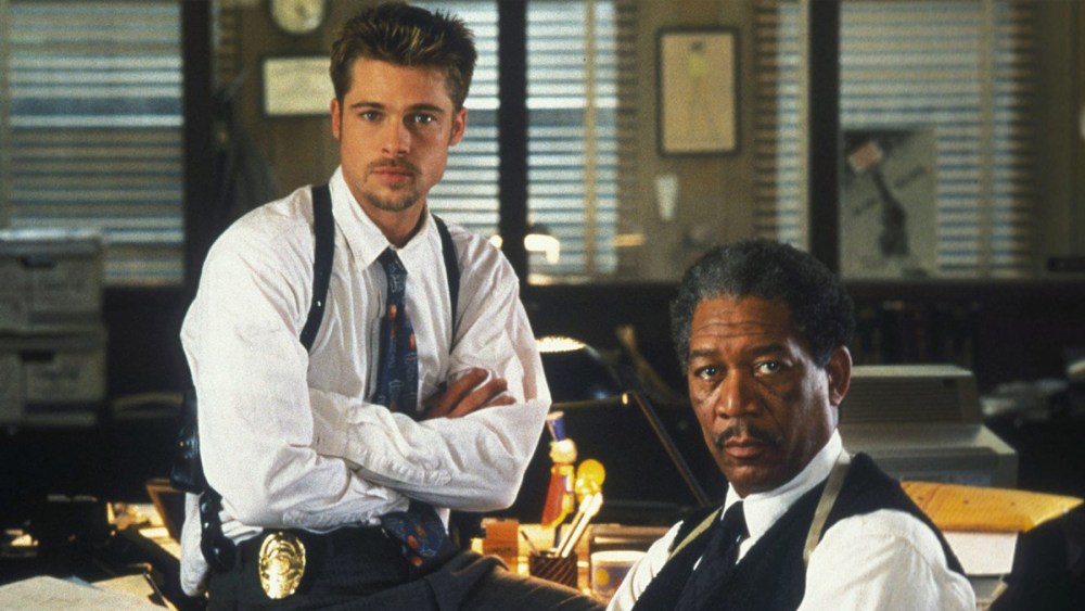 Brad Pitt as Detective Mills and Morgan Freeman as Detective Somerset in Se7en.