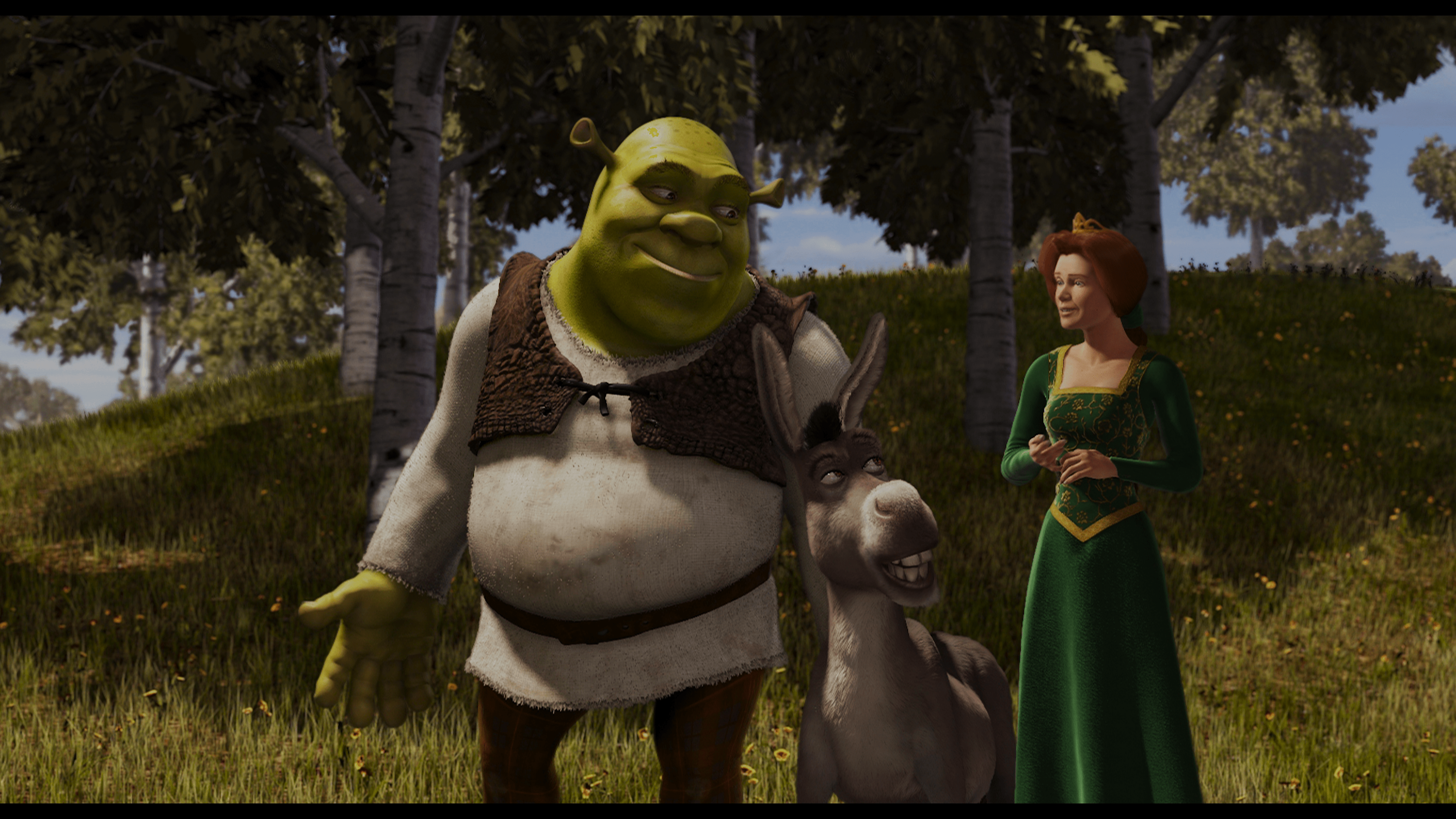 Shrek, Princess Fiona and Donkey walking together in the Shrek movie.