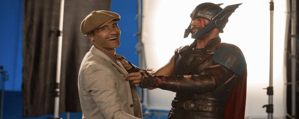 Taika Waititi directing Chris Hemsworth in Thor: Ragnarok