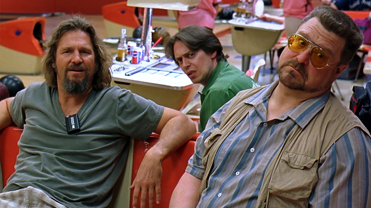 Jeff Bridges as The Dude, Steve Buscemi as Donnie, and John Goodman as Walter in The Big Lebowski