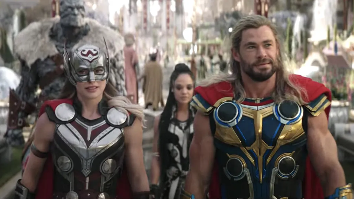 Natalie Portman as Jane Foster and Chris Hemsworth as Thor in Thor: Love and Thunder