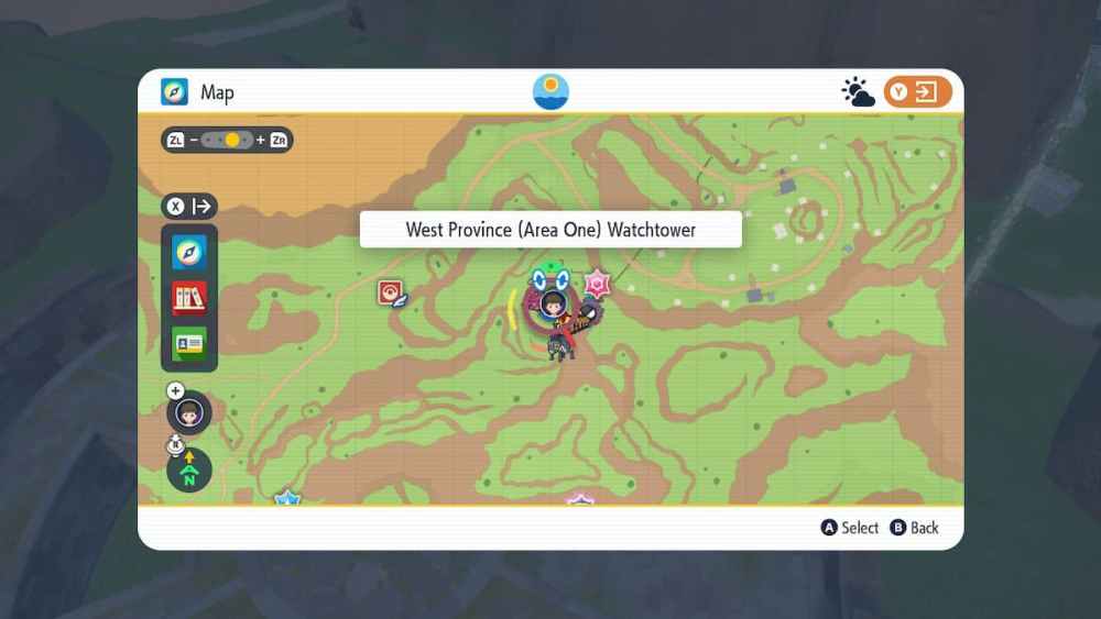West Province (area one) watchtower in Pokemon Scarlet and Violet. 
