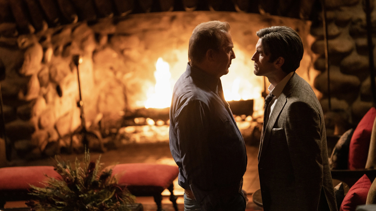 Kevin Costner as John Dutton, and Wes Bentley as Jamie Dutton on Yellowstone