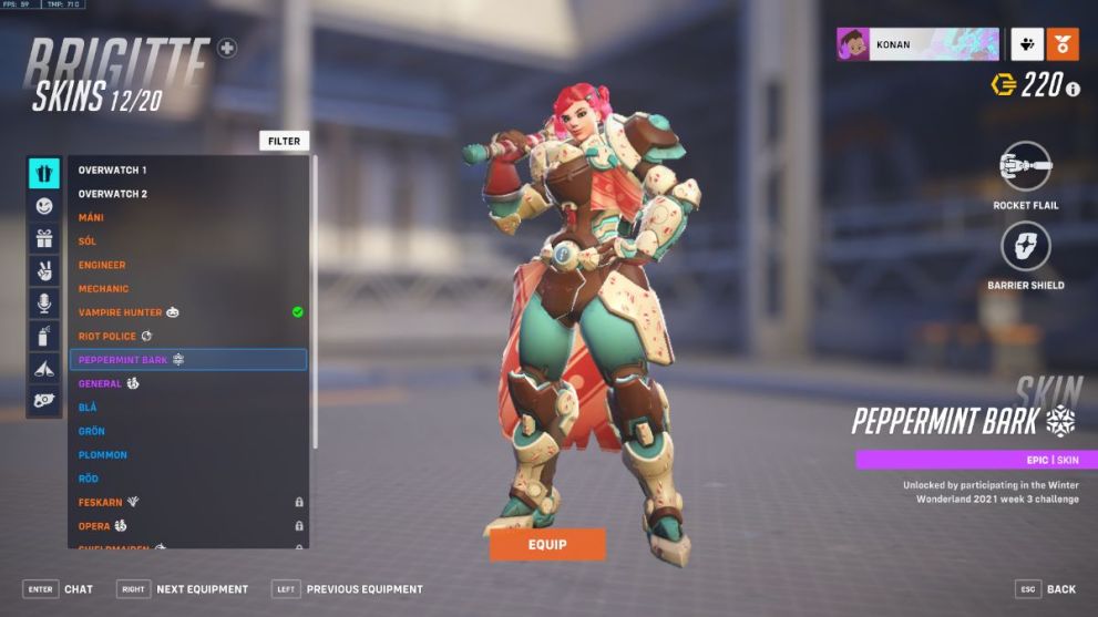 Brigitte's Peppermint Bark skin in Overwatch 2