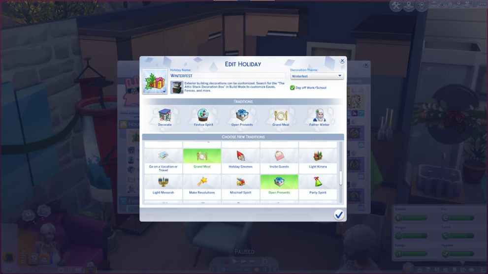 Edit holiday traditions, including whether or not Sims get the day off work or school.
