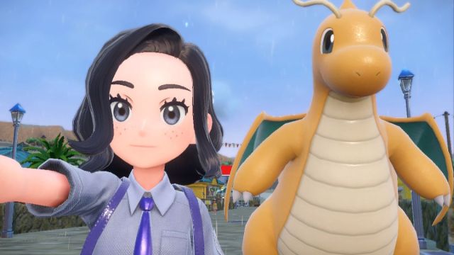 Pokemon Scarlet and Violet selfie with trainer and Dragonite