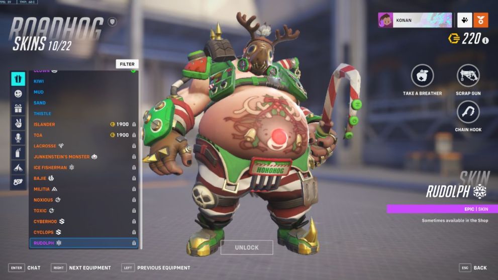 Roadhog's Rudolph skin in Overwatch 2