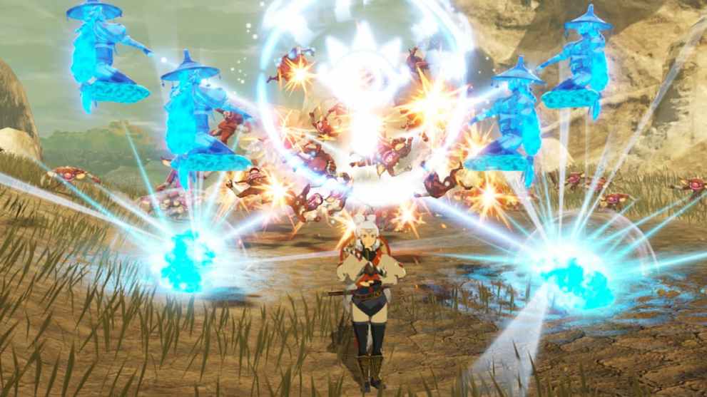 A player casting a spell to defeat enemies in Hyrule Warriors Age of Calamity