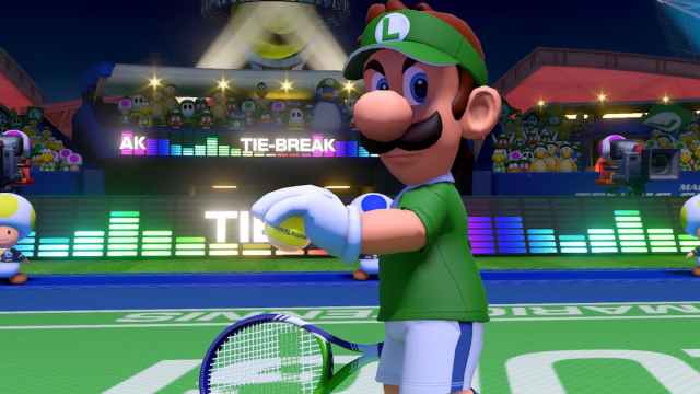 Luigi preparing to serve in Mario Tennis Aces