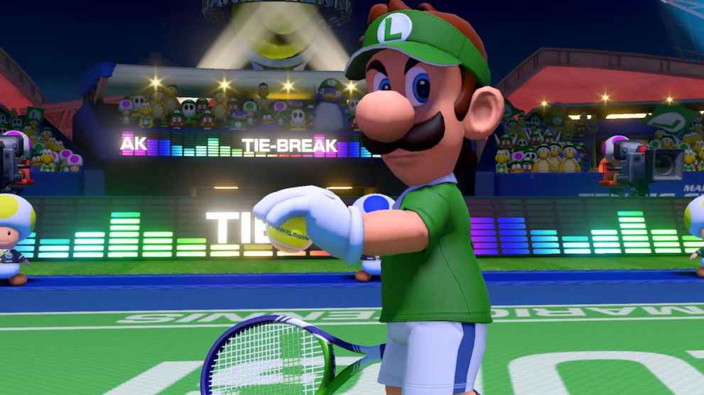 Luigi preparing to serve in Mario Tennis Aces