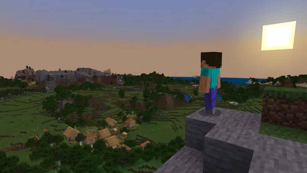 Steve looking across a field in Minecraft.