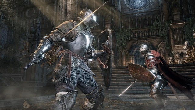 two knights fighting with sword and shield