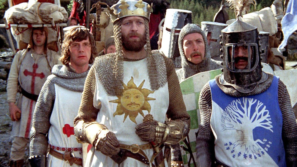 Michael Palin, Graham Chaplin, Eric Idle and Terry Jones in Monty Python and the Holy Grail.