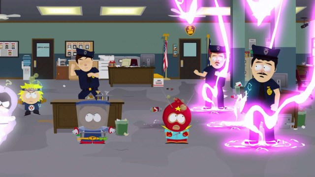 South Park characters fighting in a police station