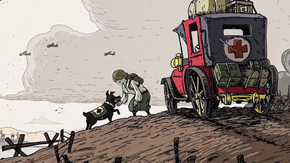 A younger woman pets a service dog with a red cross on its hide.   She appears to be driving a early-twentieth century car with the red cross displayed on it and much cargo attached by rope.  What appears to be war planes fly overhead in the background, yet the two seem uninterested in their arrival.