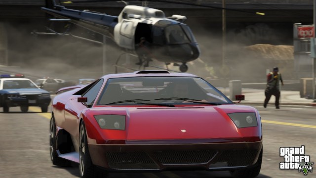 A car fleeing form a helicopter in GTA 5.