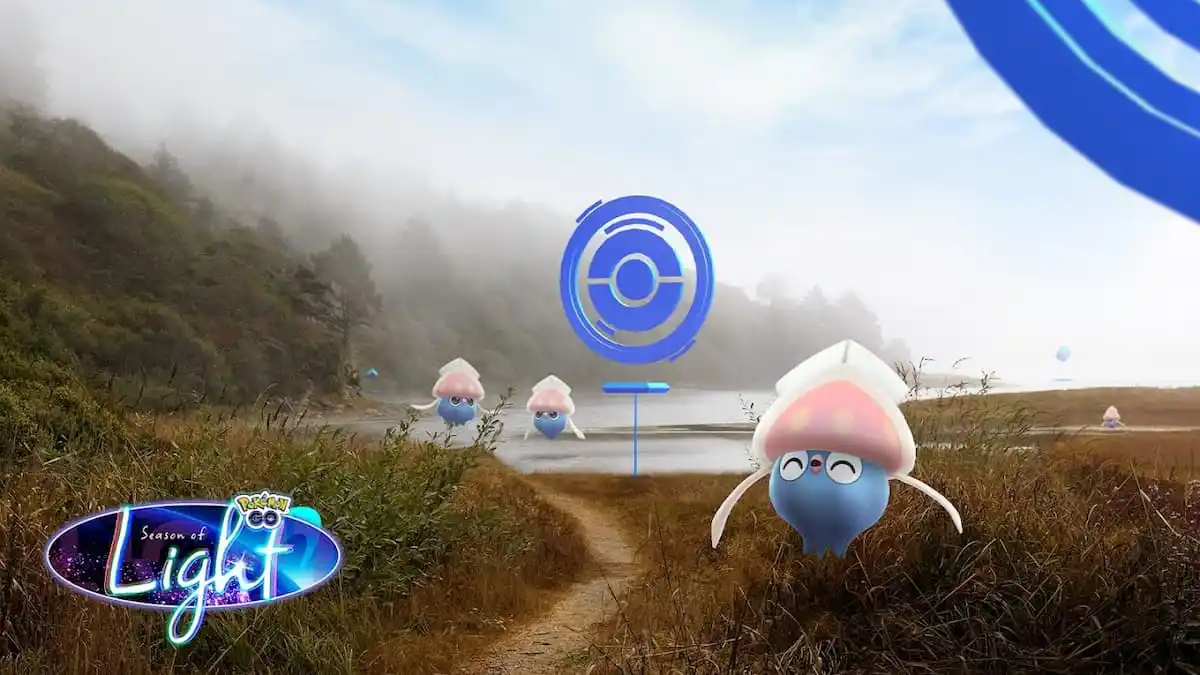 Multiple inkay in a foggy grass-covered wetlands area around a couple of PokeStops
