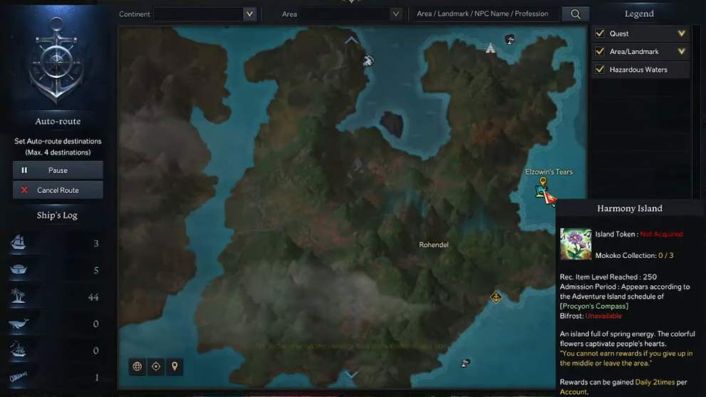 Map showing how to get heavenly harmony grind quests in Lost Ark