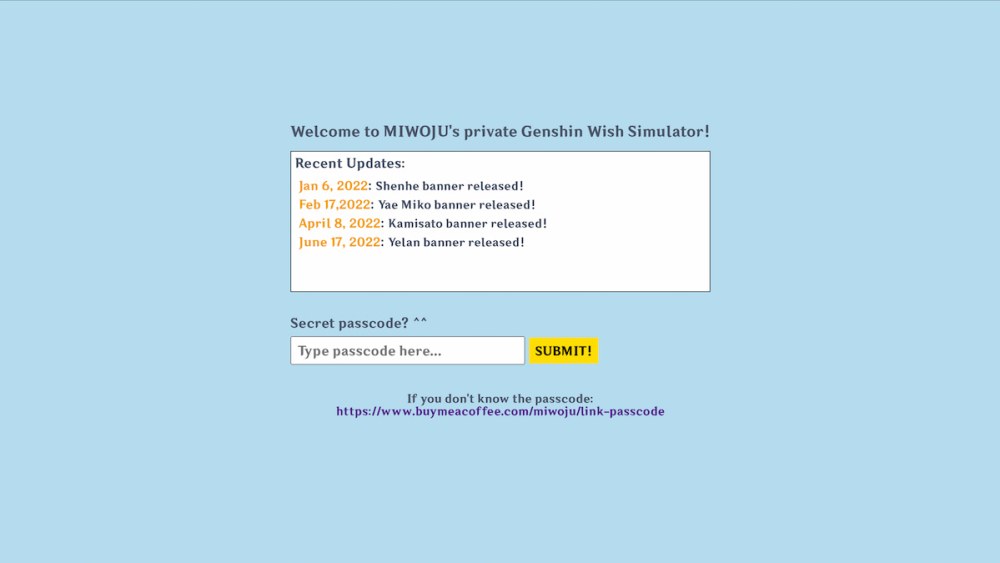 A screenshot of the website of Miwoju's Genshin Impact Wish Simulator