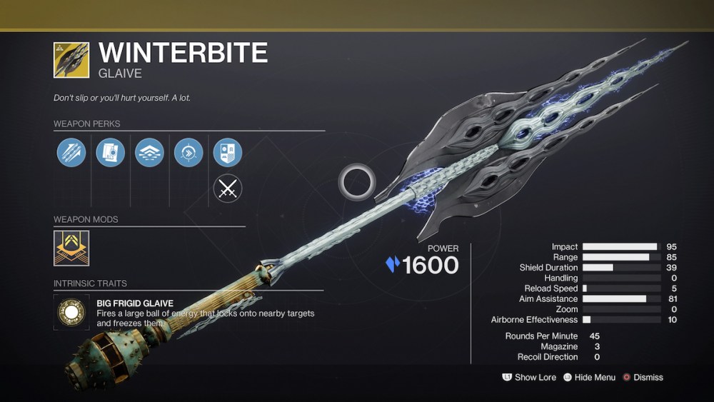 Winterbite Exotic Glaive in Destiny 2