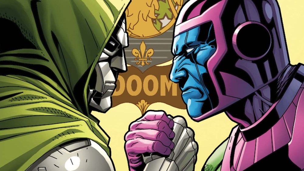 Doctor Doom and Kang the Conqueror shaking hands. 