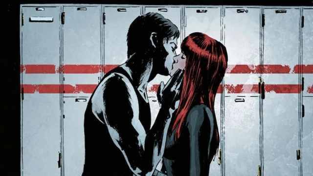 Natasha Romanov and Bucky Barnes kissing