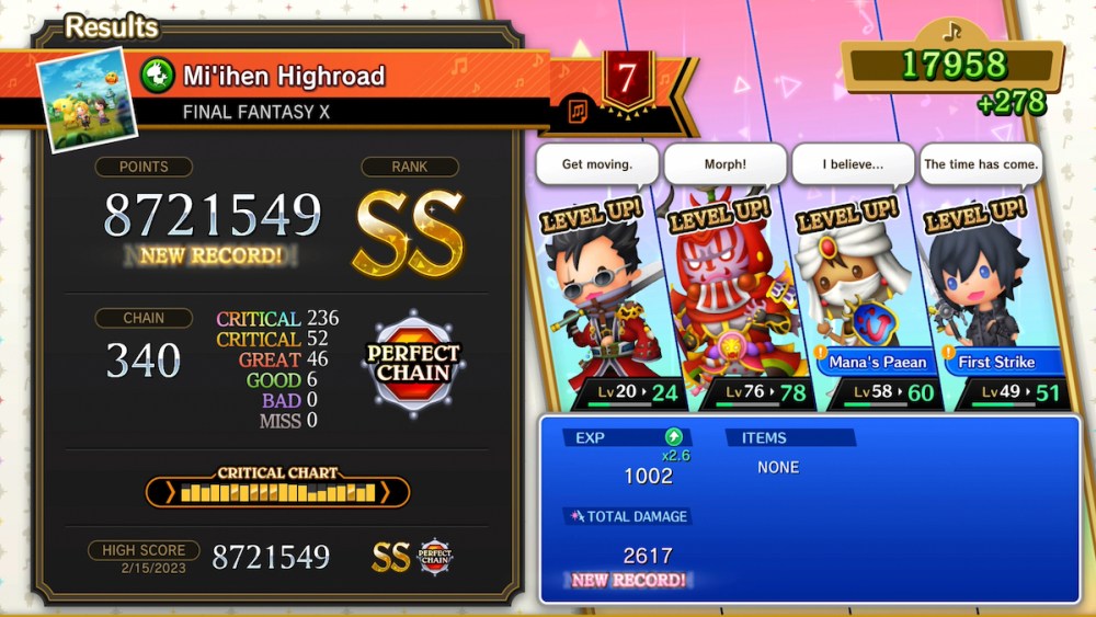 The post-song victory screen in Theatrhythm Final Bar Line