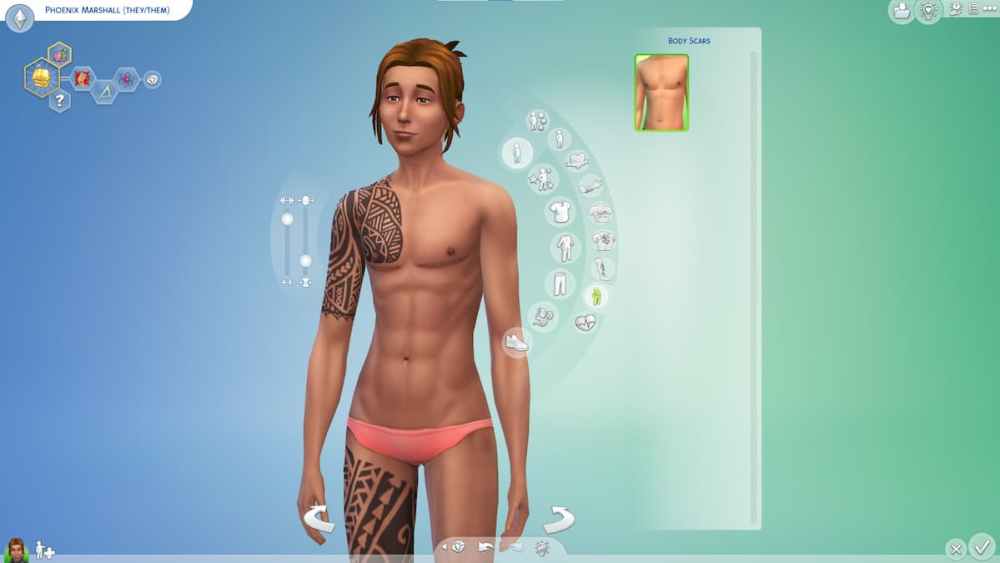 A new CAS category - Body Scars - gives Sims top surgical scars for added gender diversity.
