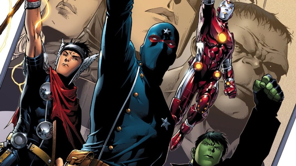 The Young Avengers all with one fist in the air. 