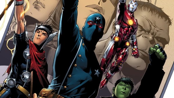 The Young Avengers all with one fist in the air.